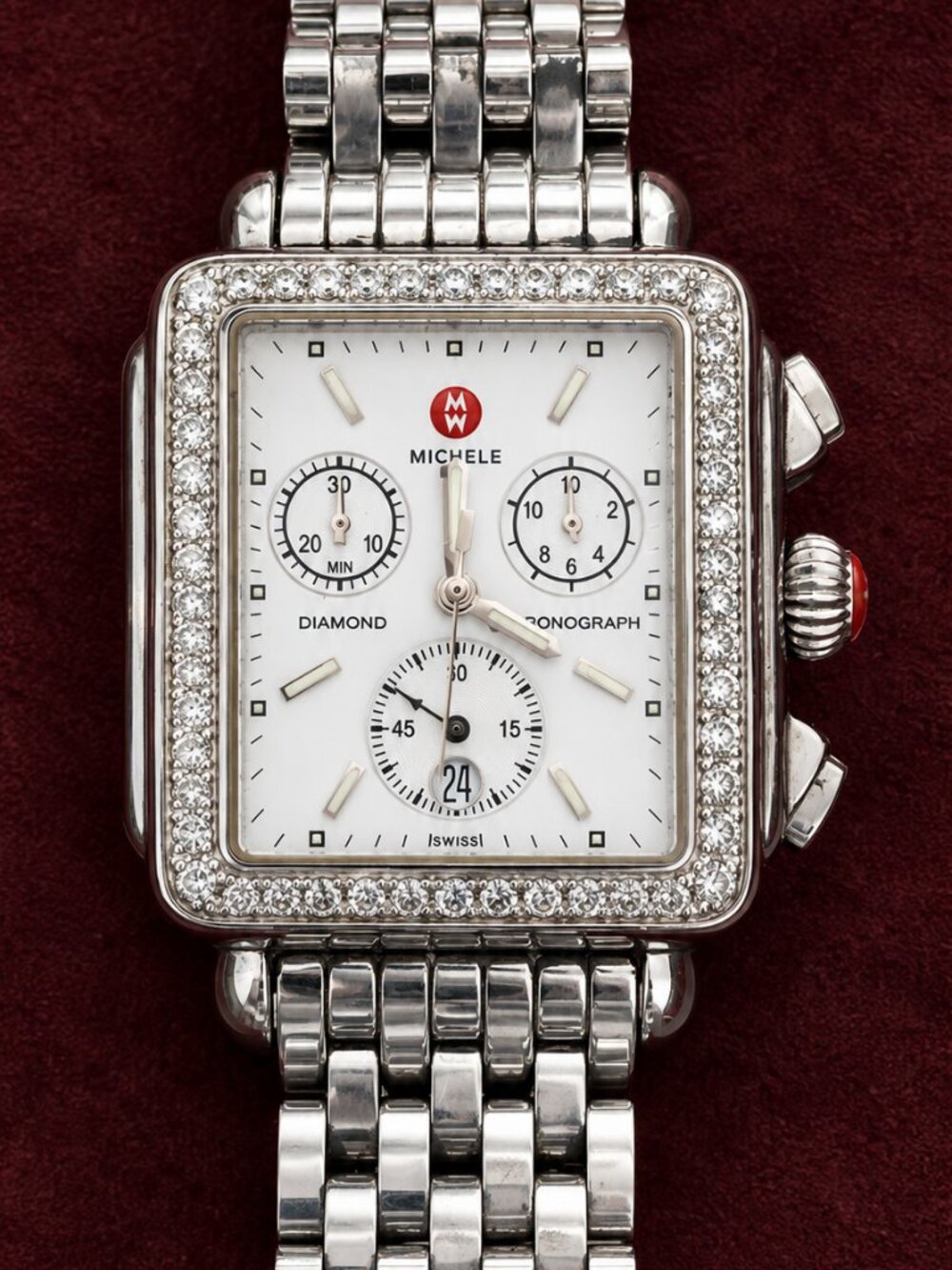 MICHELE Deco Rectangular Diamond Chronograph Mother-of-Pearl Dial Women's Watch